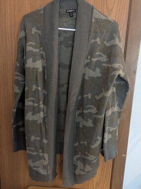 Express Lightweight Long Open Front Knit Olive Camo Cardigan -XS